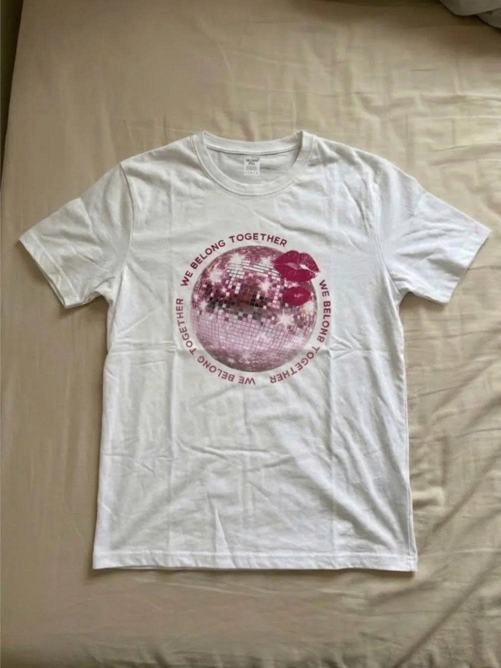 White Short Sleeve Tee with Pink Disco Ball and Lip Graphic